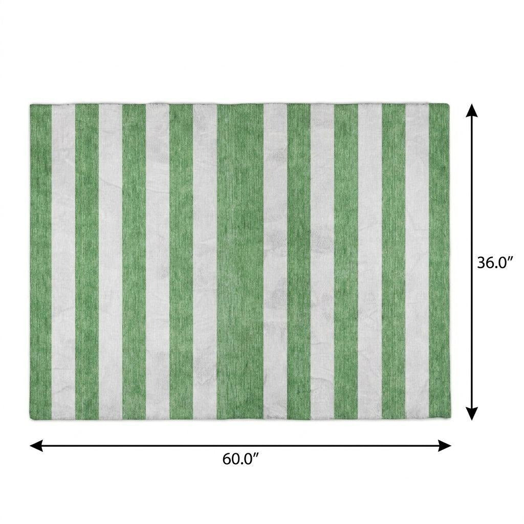 3' X 5' Green And Ivory Striped Shag Washable Area Rug With UV Protection - Home & Garden