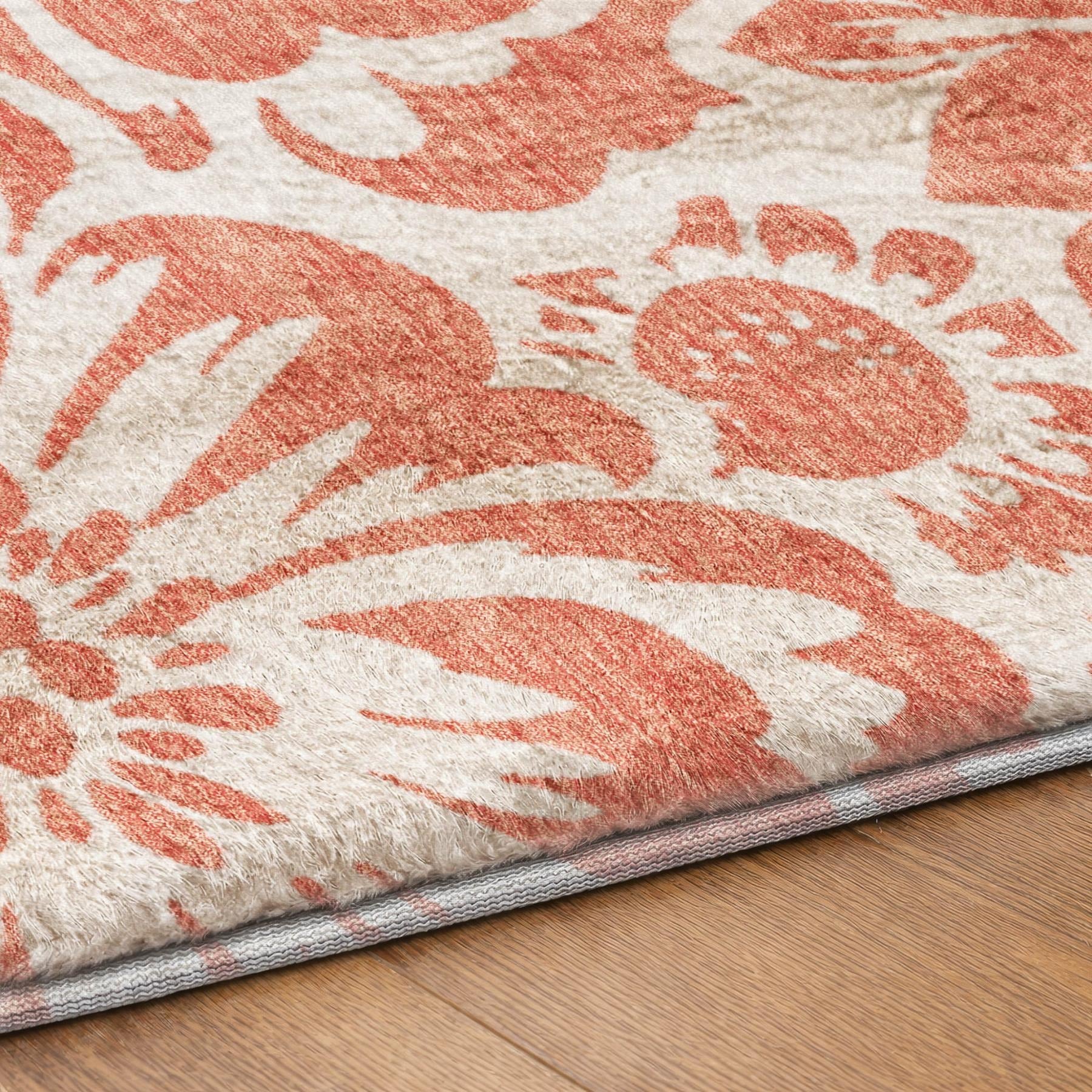 3' X 5' Salmon And Ivory Floral Shag Washable Area Rug With UV Protection - Home & Garden