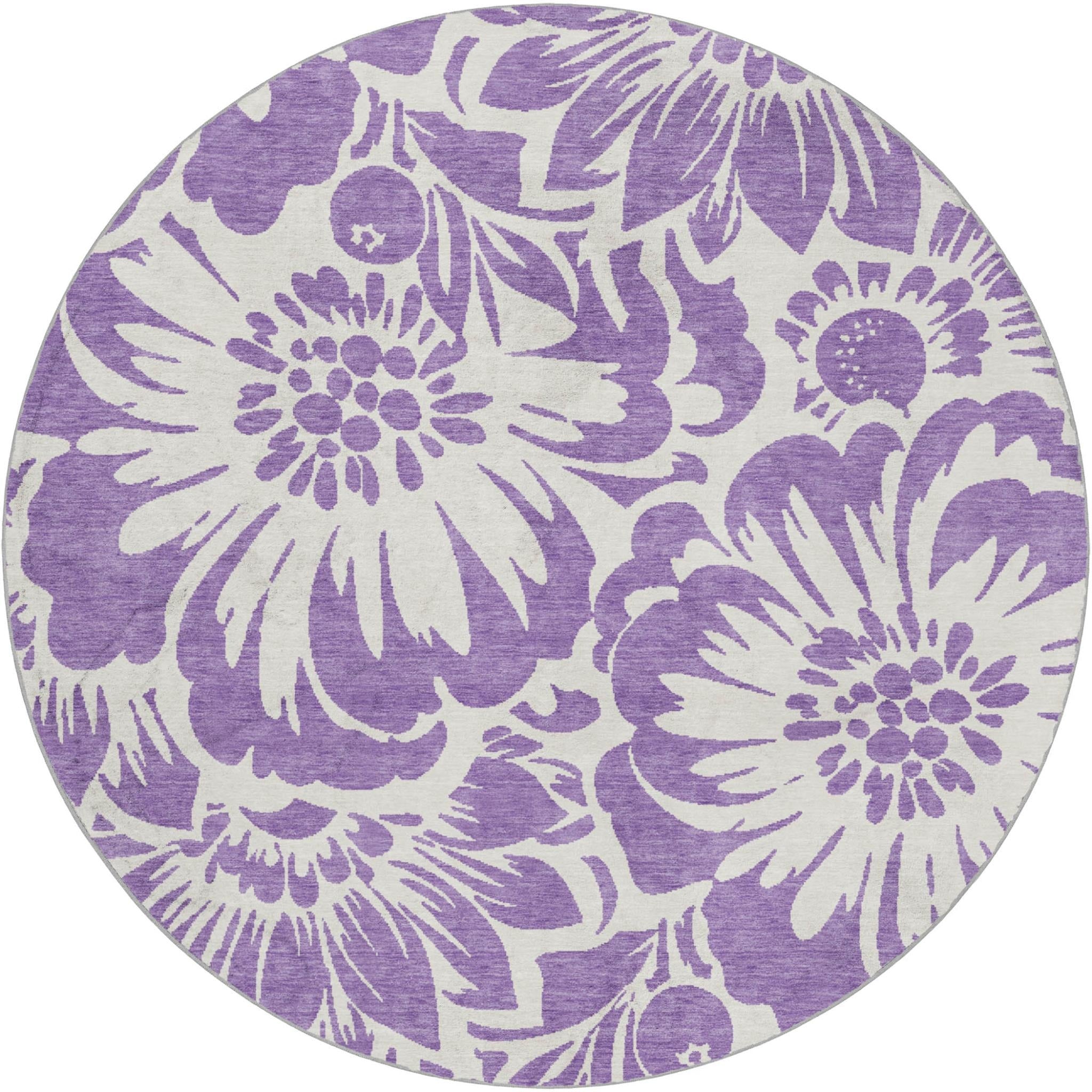 8' Purple And Ivory Floral Shag Washable Round Rug With UV Protection - Home & Garden