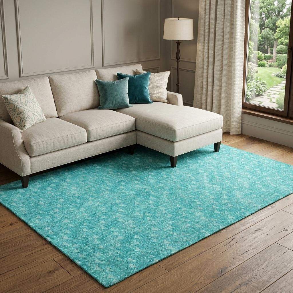 10' X 14' Teal And Ivory Geometric Shag Washable Area Rug With UV Protection - Home & Garden