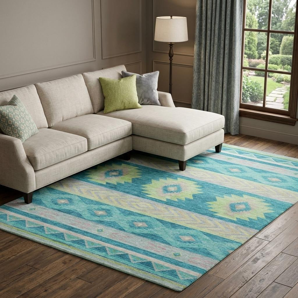 10' X 14' Teal And Lime Green Geometric Shag Washable Area Rug With UV Protection - Home & Garden