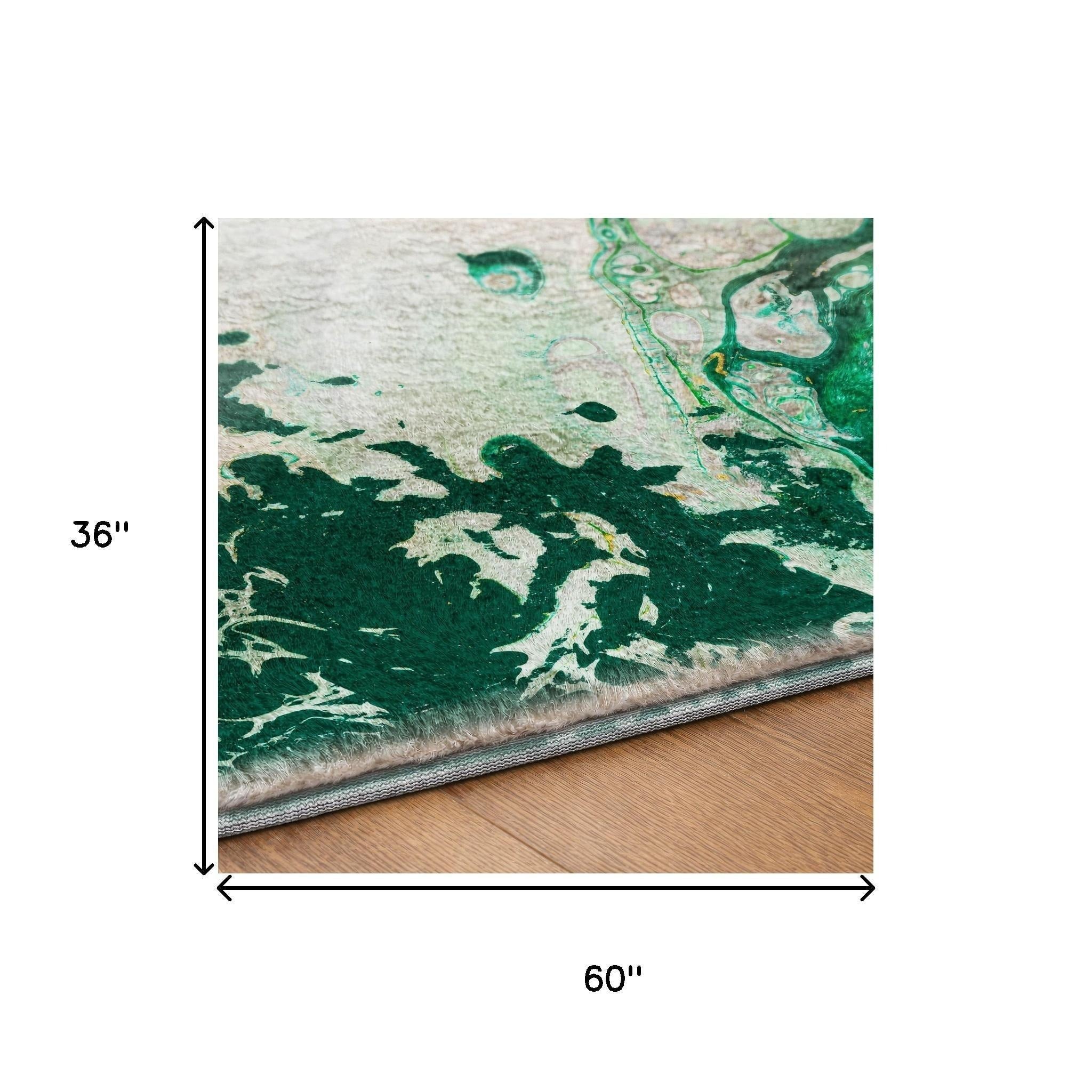 3' X 5' Green And Ivory Abstract Shag Washable Area Rug With UV Protection - Home & Garden