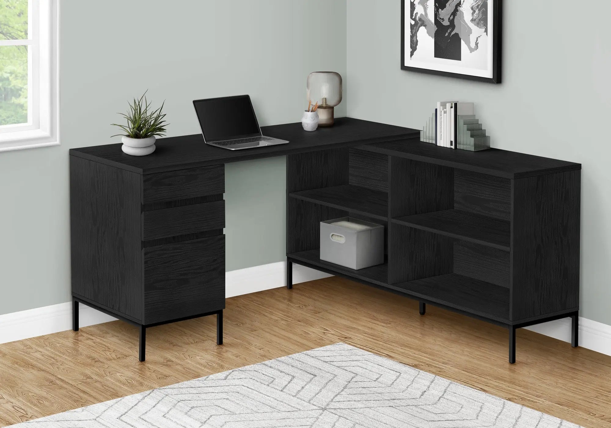 60" Black L Shape Computer Desk With Three Drawers Homeroots Office