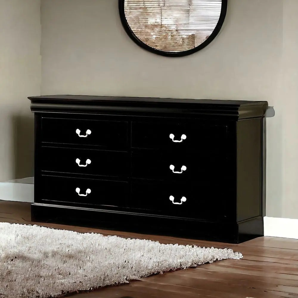 60" Black Solid and Manufactured Wood Six Drawer Double Dresser - GreatEagleInc