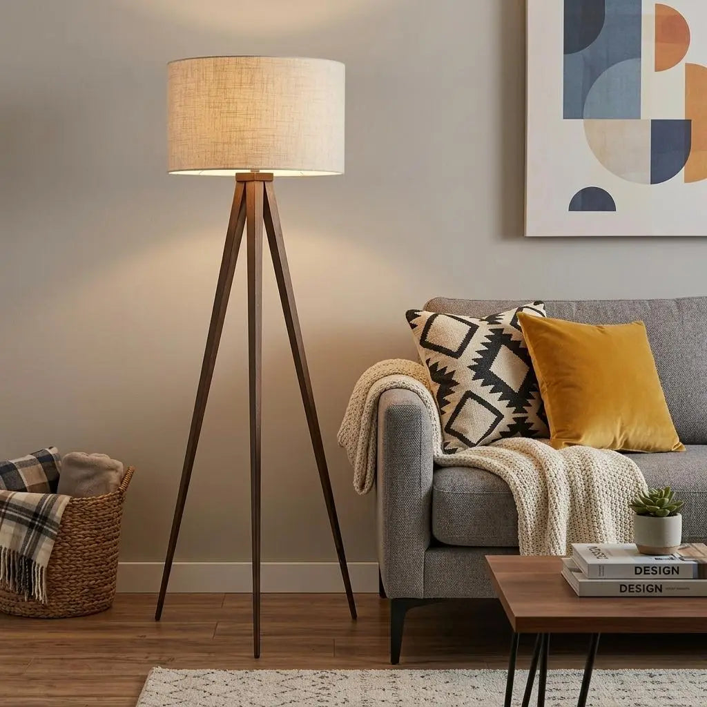 60" Brown And White Tripod Floor Lamp With White Linen Drum Shade Homeroots Lighting