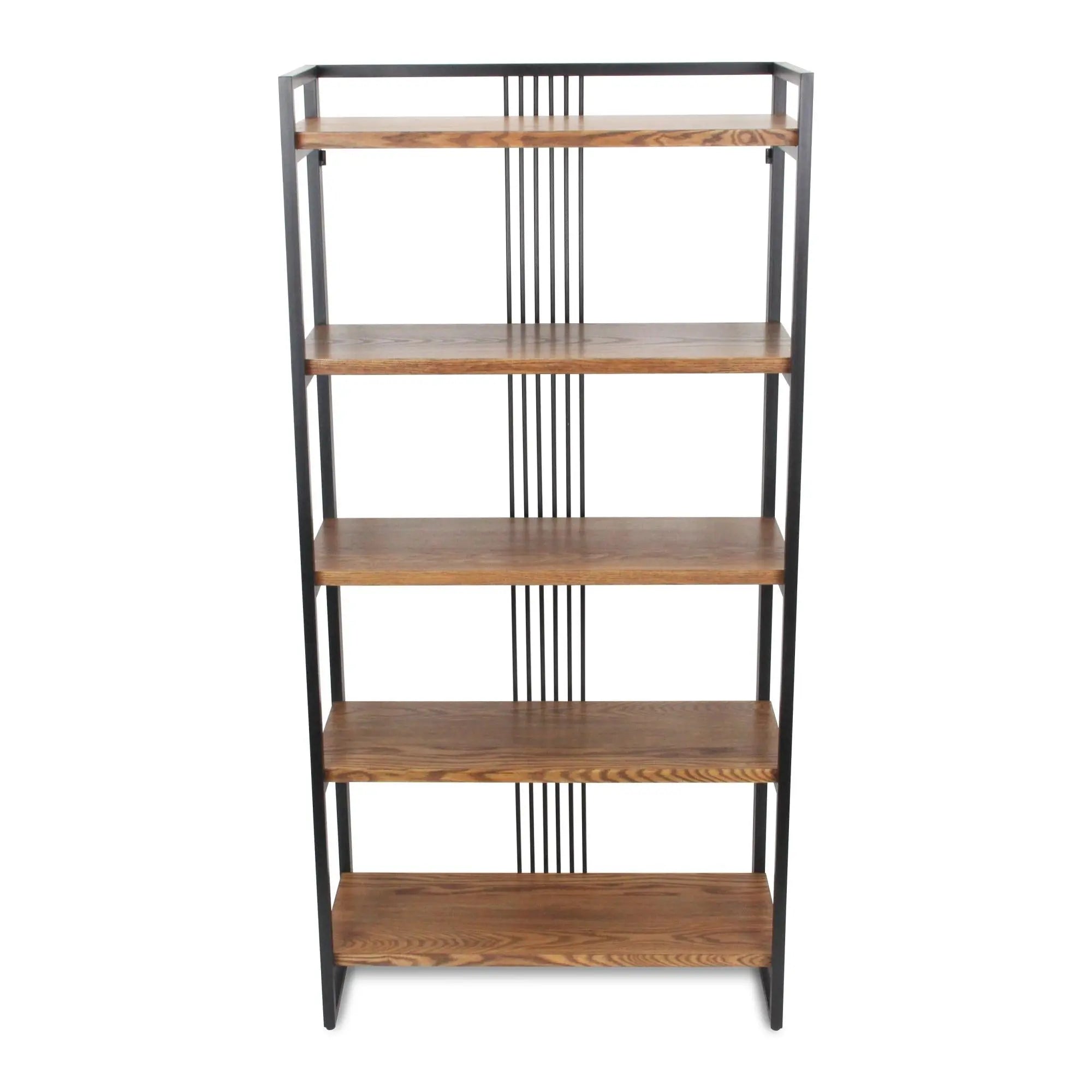 60" Brown Distressed Metal and Wood Five Tier Etagere Bookcase Homeroots Office