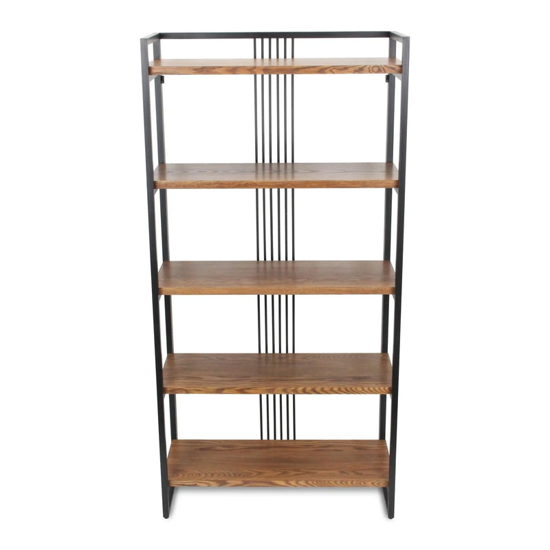 60" Brown Distressed Metal and Wood Five Tier Etagere Bookcase Homeroots Office