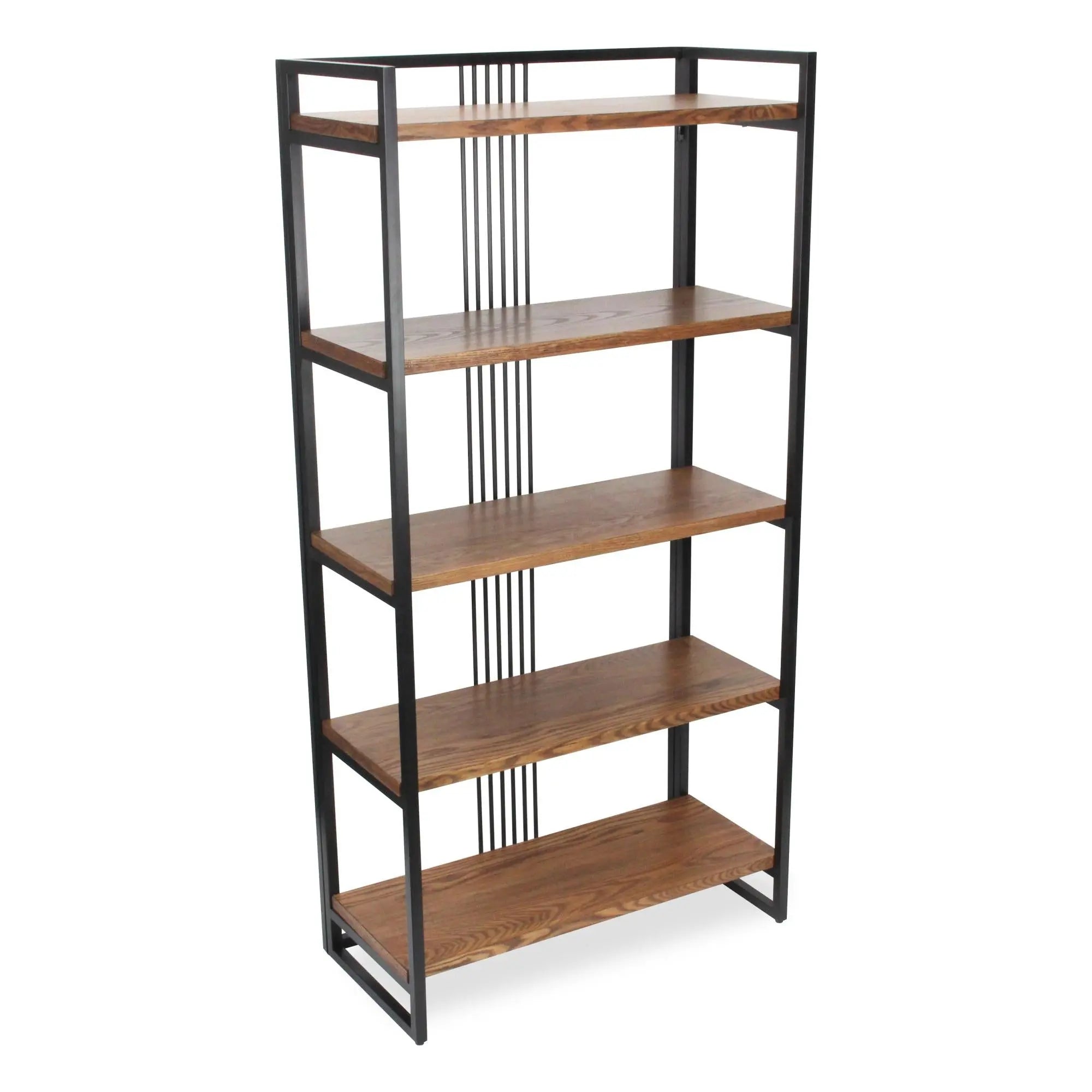 60" Brown Distressed Metal and Wood Five Tier Etagere Bookcase Homeroots Office