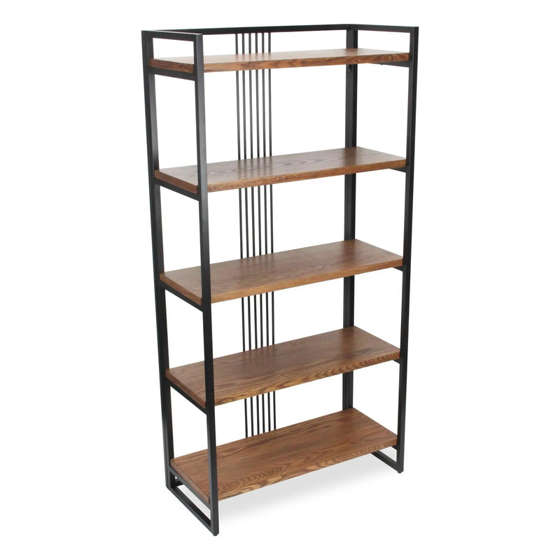 60" Brown Distressed Metal and Wood Five Tier Etagere Bookcase Homeroots Office