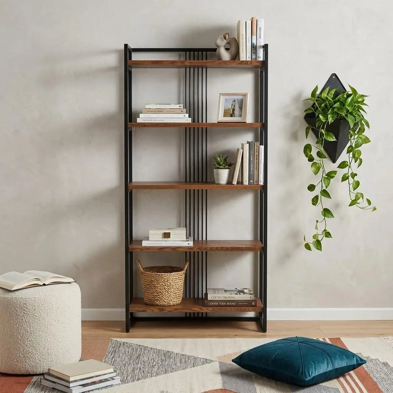60" Brown Distressed Metal and Wood Five Tier Etagere Bookcase Homeroots Office