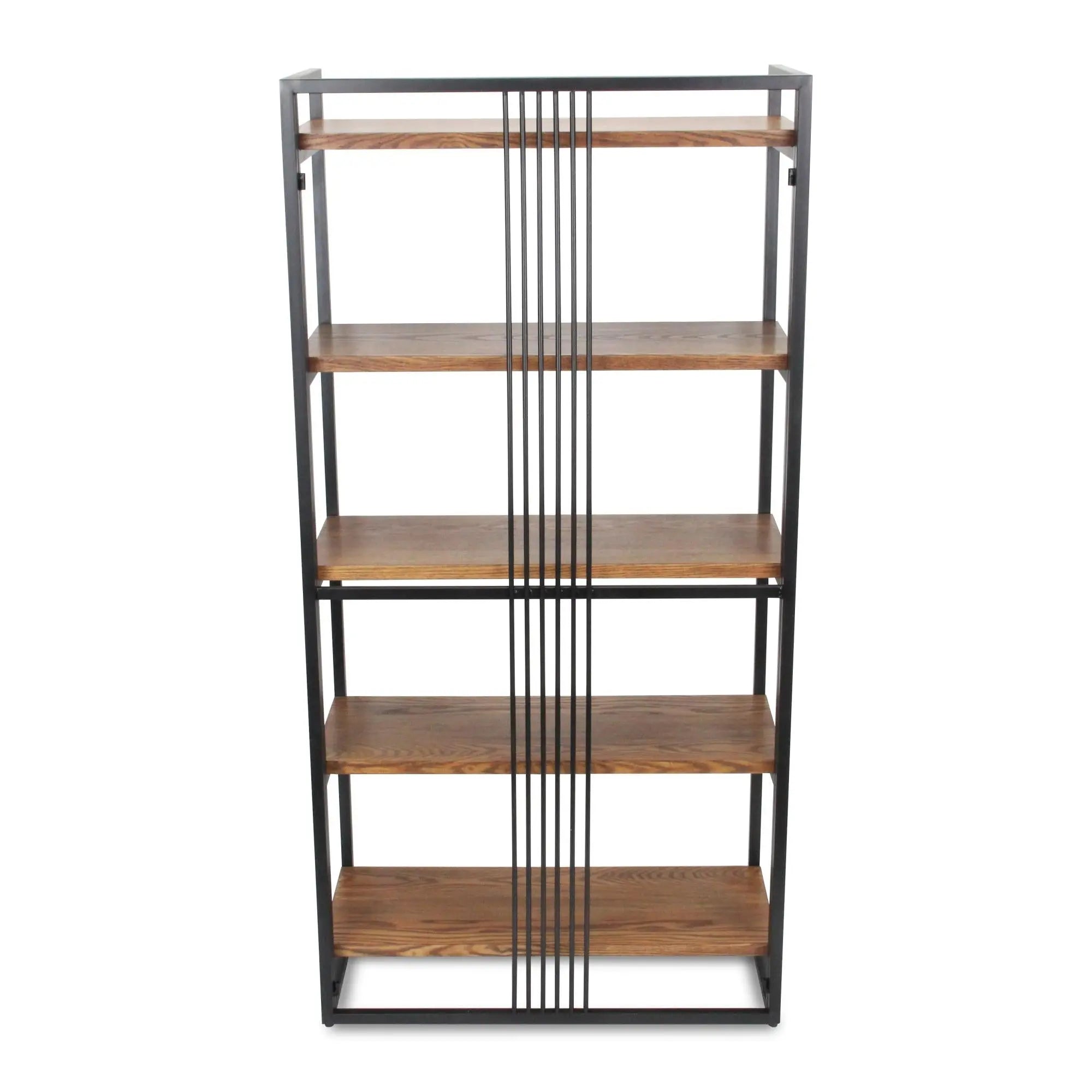 60" Brown Distressed Metal and Wood Five Tier Etagere Bookcase Homeroots Office