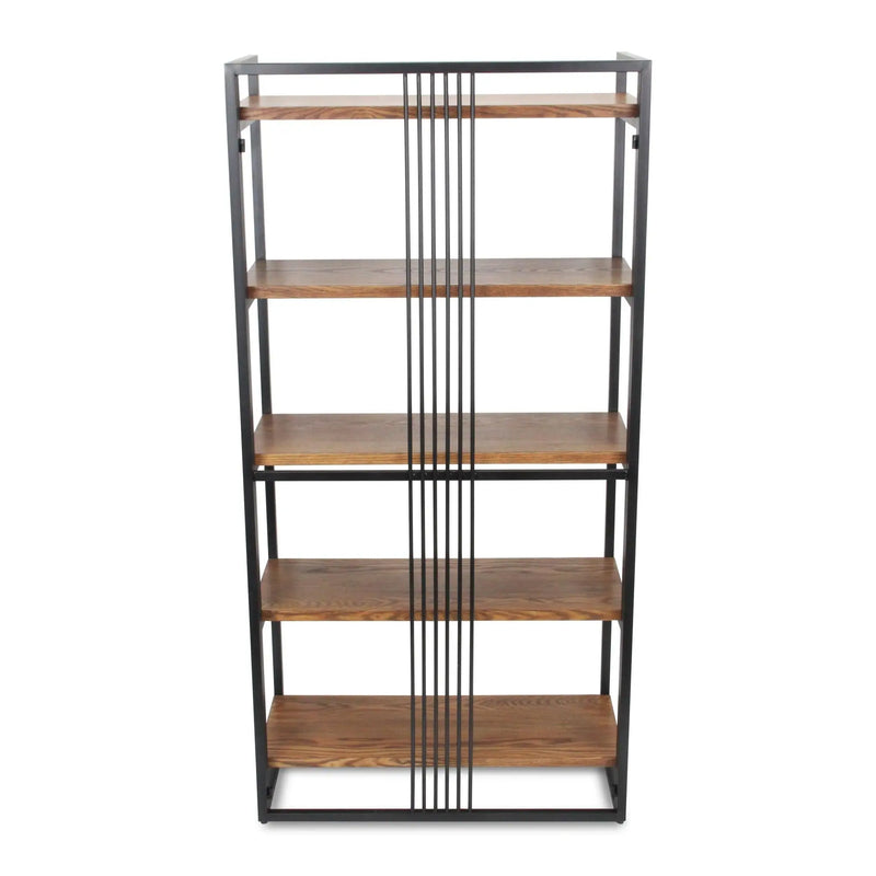 60" Brown Distressed Metal and Wood Five Tier Etagere Bookcase Homeroots Office
