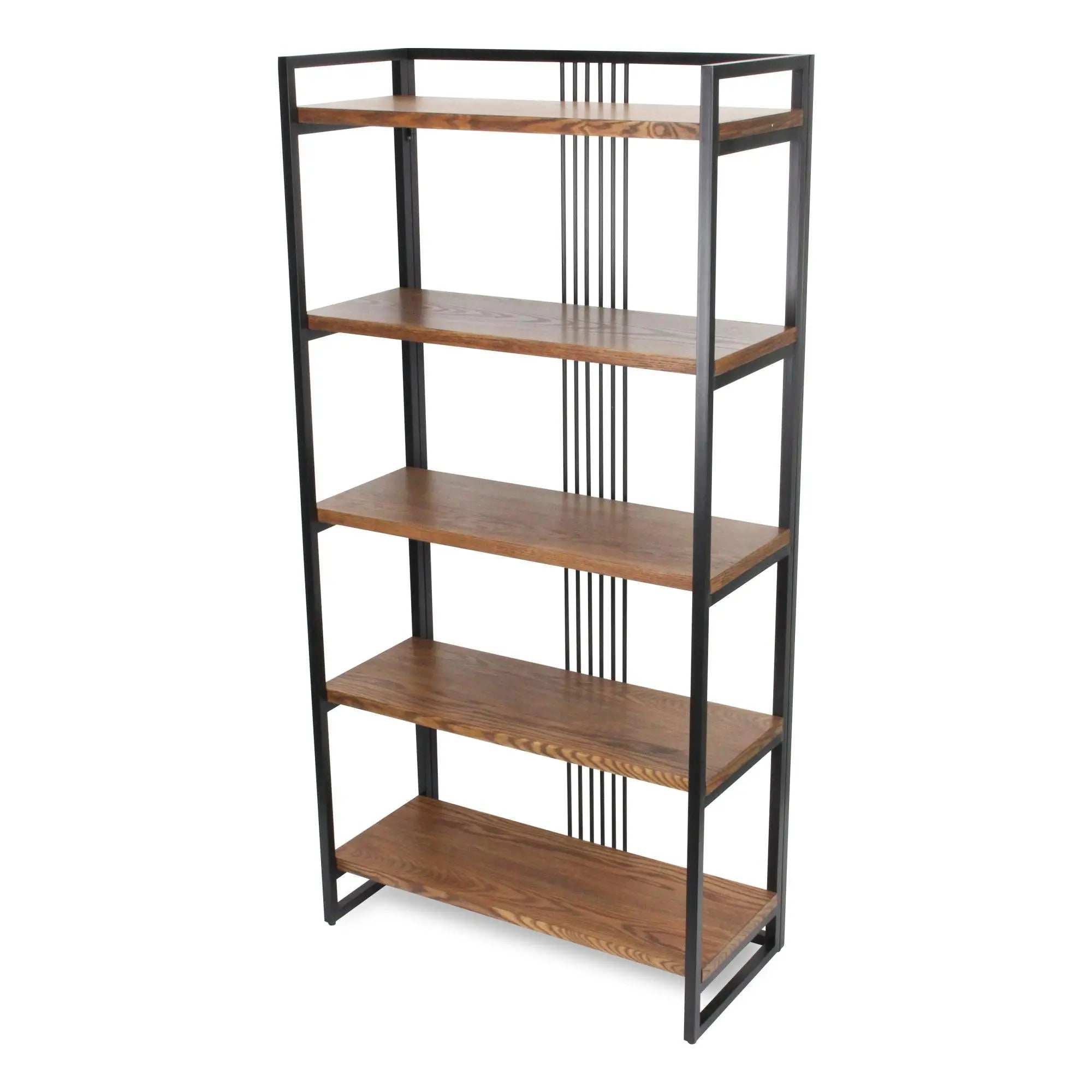 60" Brown Distressed Metal and Wood Five Tier Etagere Bookcase Homeroots Office