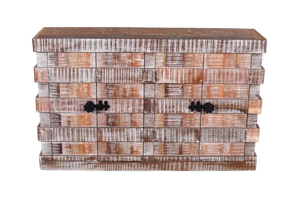 60" Brown Distressed Reclaimed Wood Ribbed Texture Sideboard with Four Doors Homeroots Kitchen & Dining