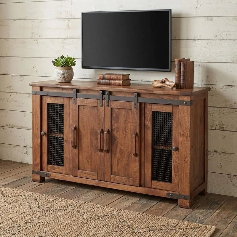 60" Brown Solid Wood Cabinet Enclosed Storage Distressed TV Stand Homeroots Living Room