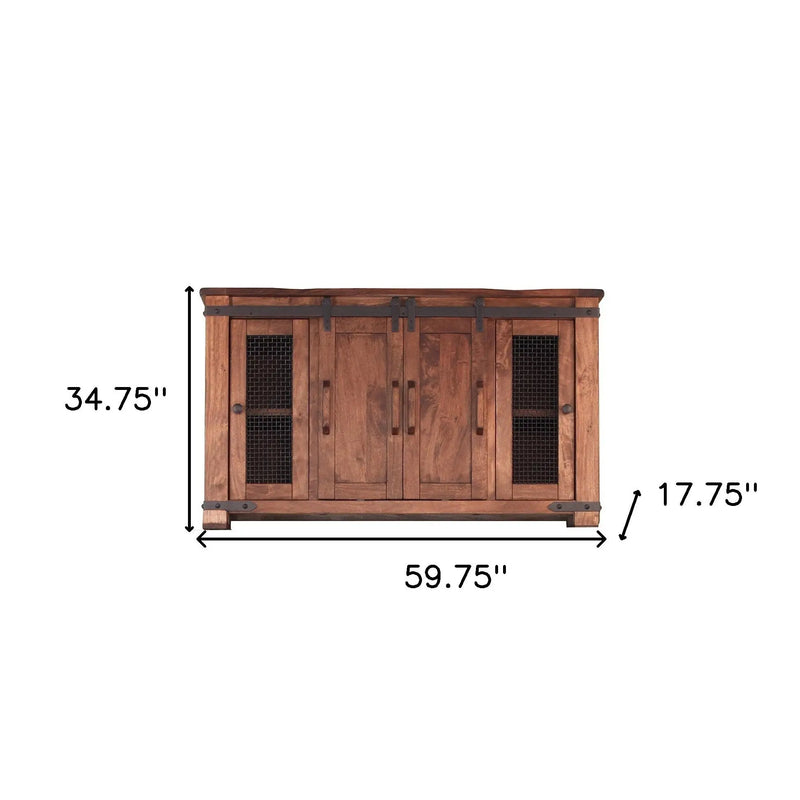 60" Brown Solid Wood Cabinet Enclosed Storage Distressed TV Stand Homeroots Living Room