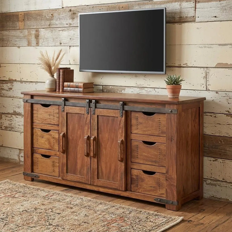 60" Brown Solid Wood Enclosed Storage Distressed TV Stand Homeroots Living Room
