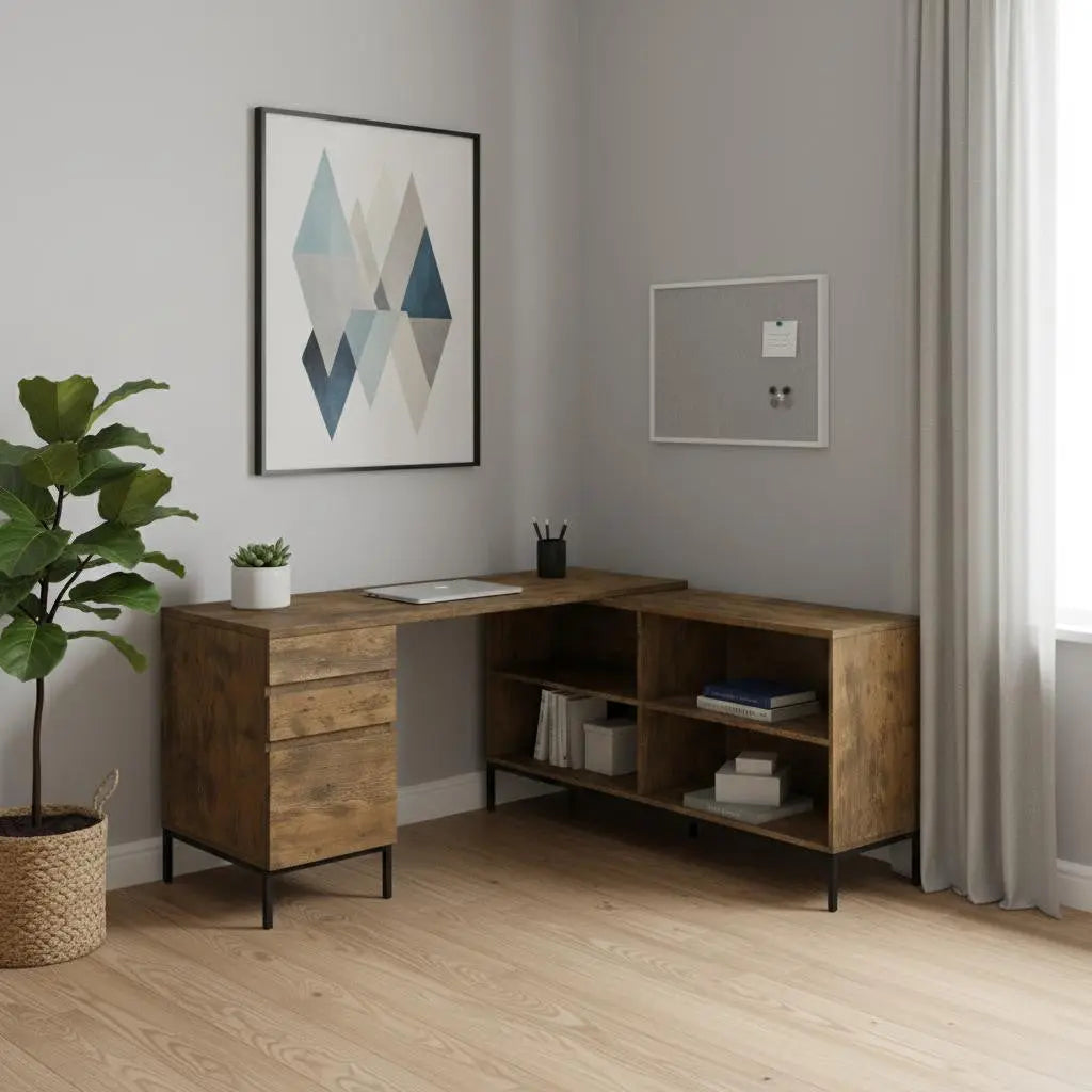 60" Brown and Black L Shape Computer Desk With Three Drawers Homeroots Office