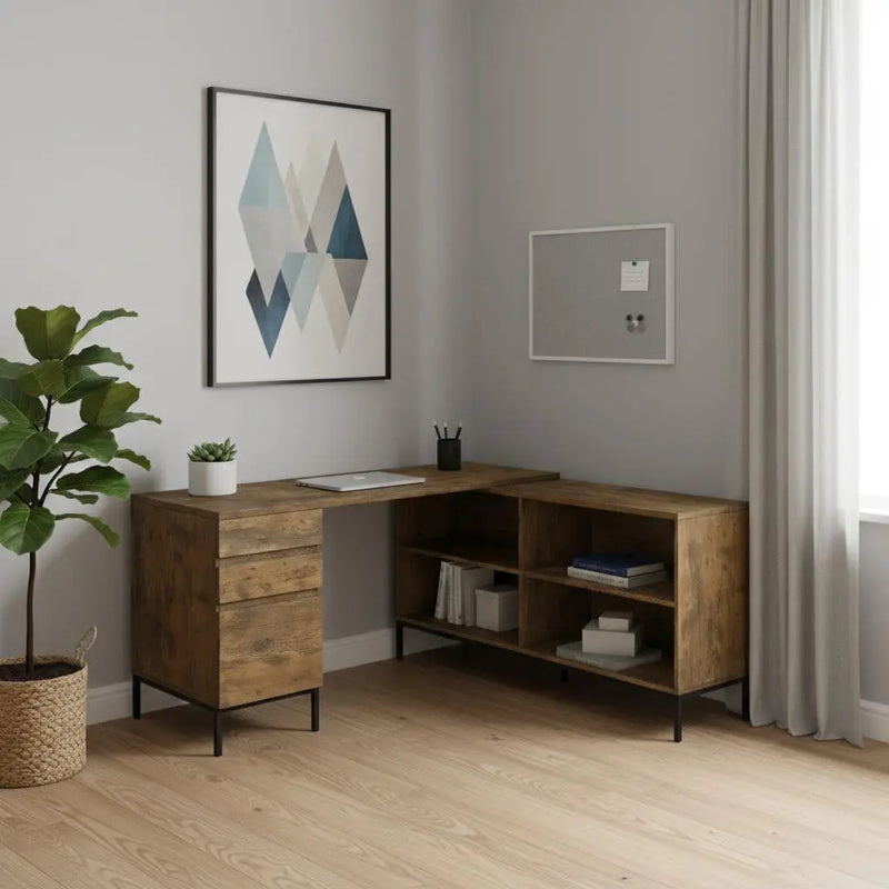 60" Brown and Black L Shape Computer Desk With Three Drawers Homeroots Office