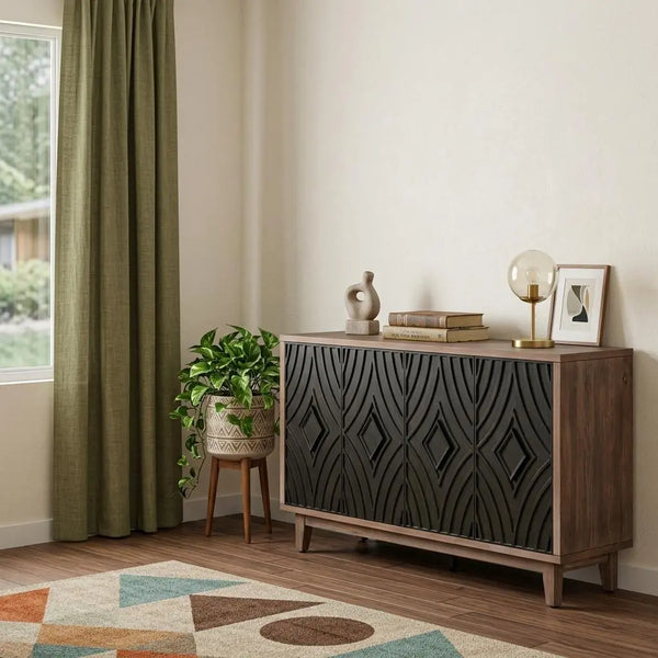 60" Brown and Charcoal Distressed Wood Sideboard with Four Doors Homeroots Kitchen & Dining
