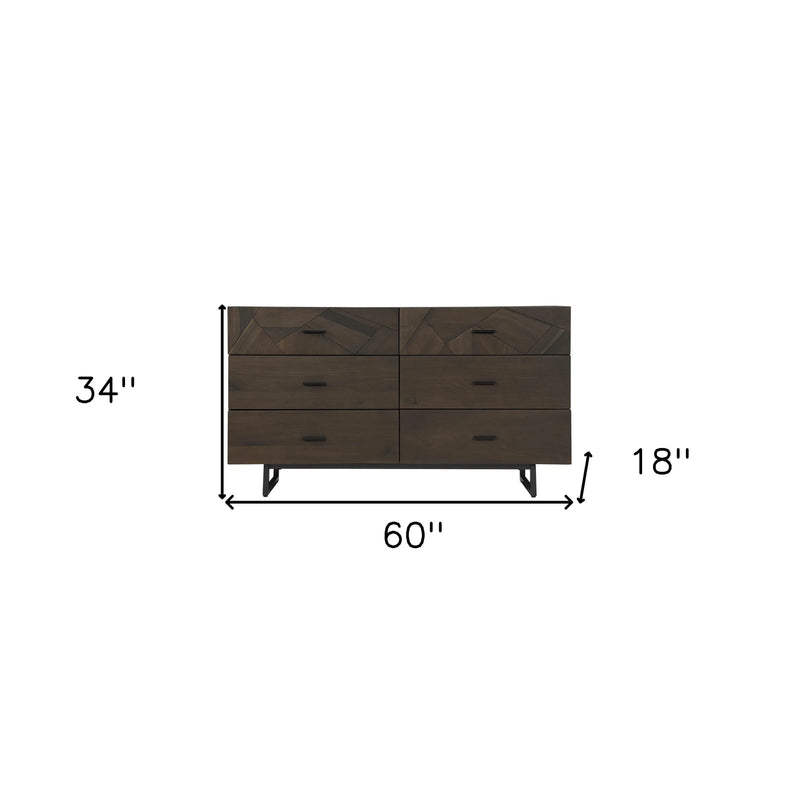 60" Dark Brown Solid Wood Six Drawer Double Dresser - GreatEagleInc