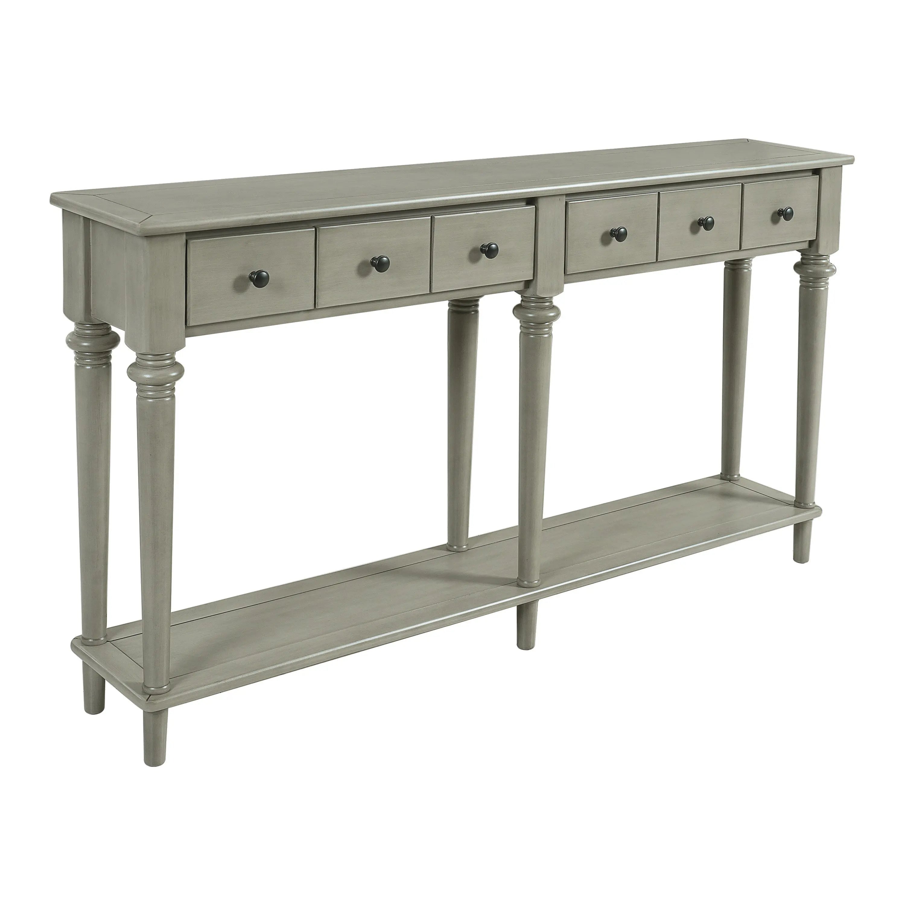 60" Gray Wood Six Leg Console Table With Shelf And Four Drawers Homeroots Living Room