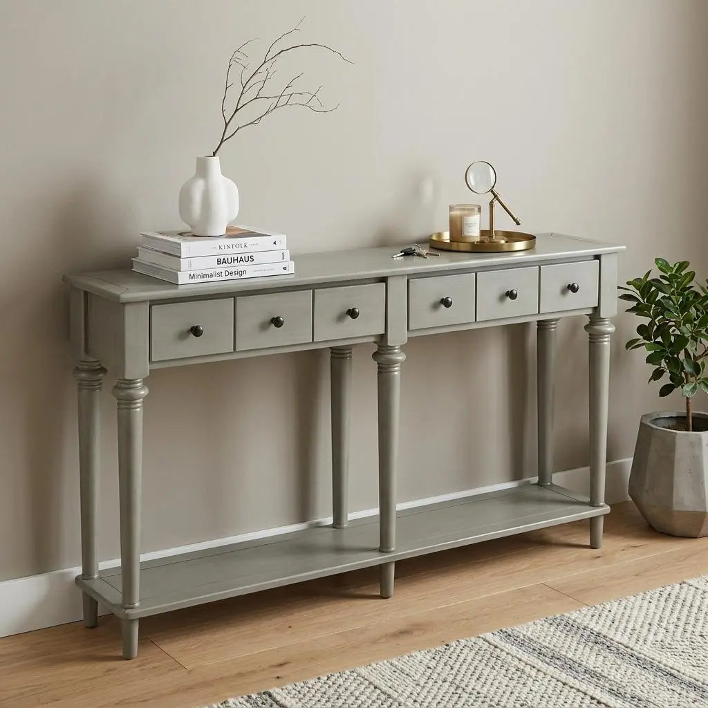 60" Gray Wood Six Leg Console Table With Shelf And Four Drawers Homeroots Living Room
