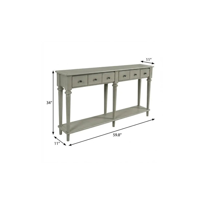 60" Gray Wood Six Leg Console Table With Shelf And Four Drawers Homeroots Living Room