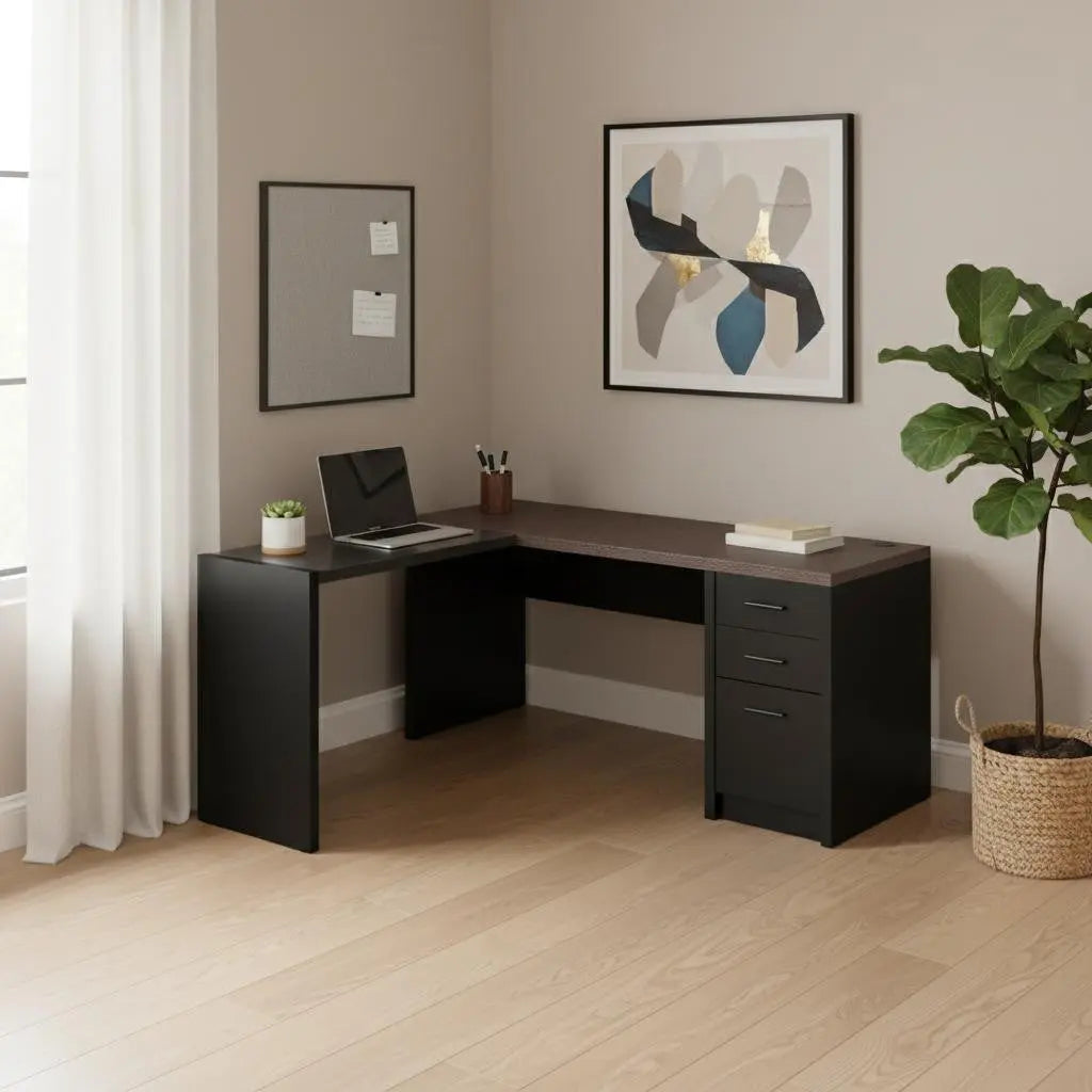 60" Gray and Black L Shape Computer Desk With Three Drawers Homeroots Office