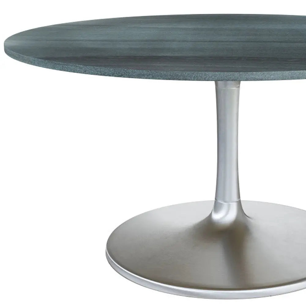 60" Gray and Silver Marble and Aluminum Pedestal Base Round Top Dining Table Homeroots Kitchen & Dining