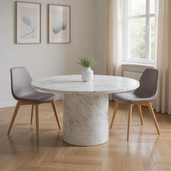 60" Gray and White Marble Pedestal Base Round Top Dining Table Homeroots Kitchen & Dining