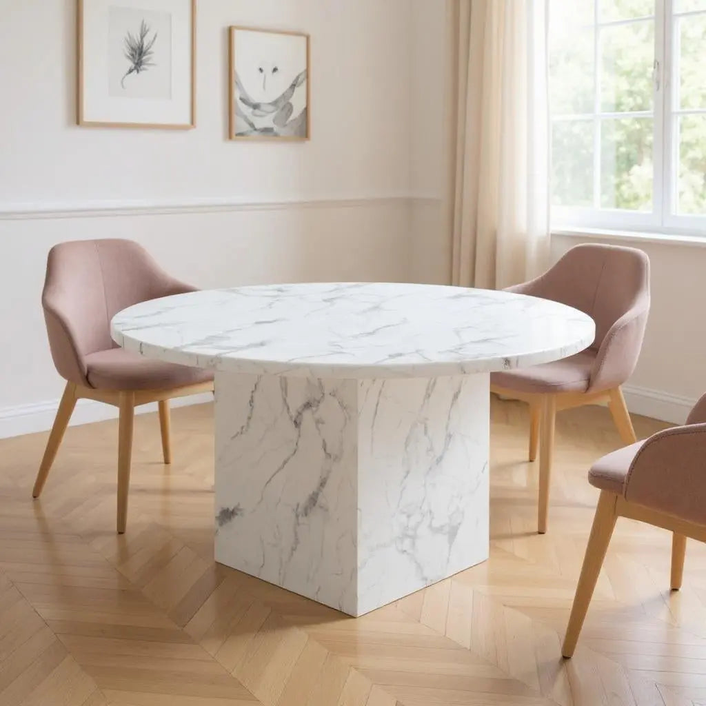 60" Gray and White Marble Pedestal Base Round Top Dining Table Homeroots Kitchen & Dining
