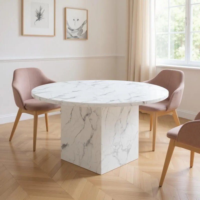 60" Gray and White Marble Pedestal Base Round Top Dining Table Homeroots Kitchen & Dining