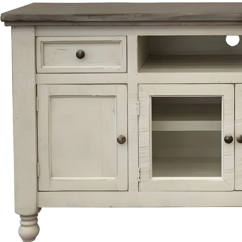 60" Ivory Solid Wood Open shelving Distressed TV Stand Homeroots Living Room