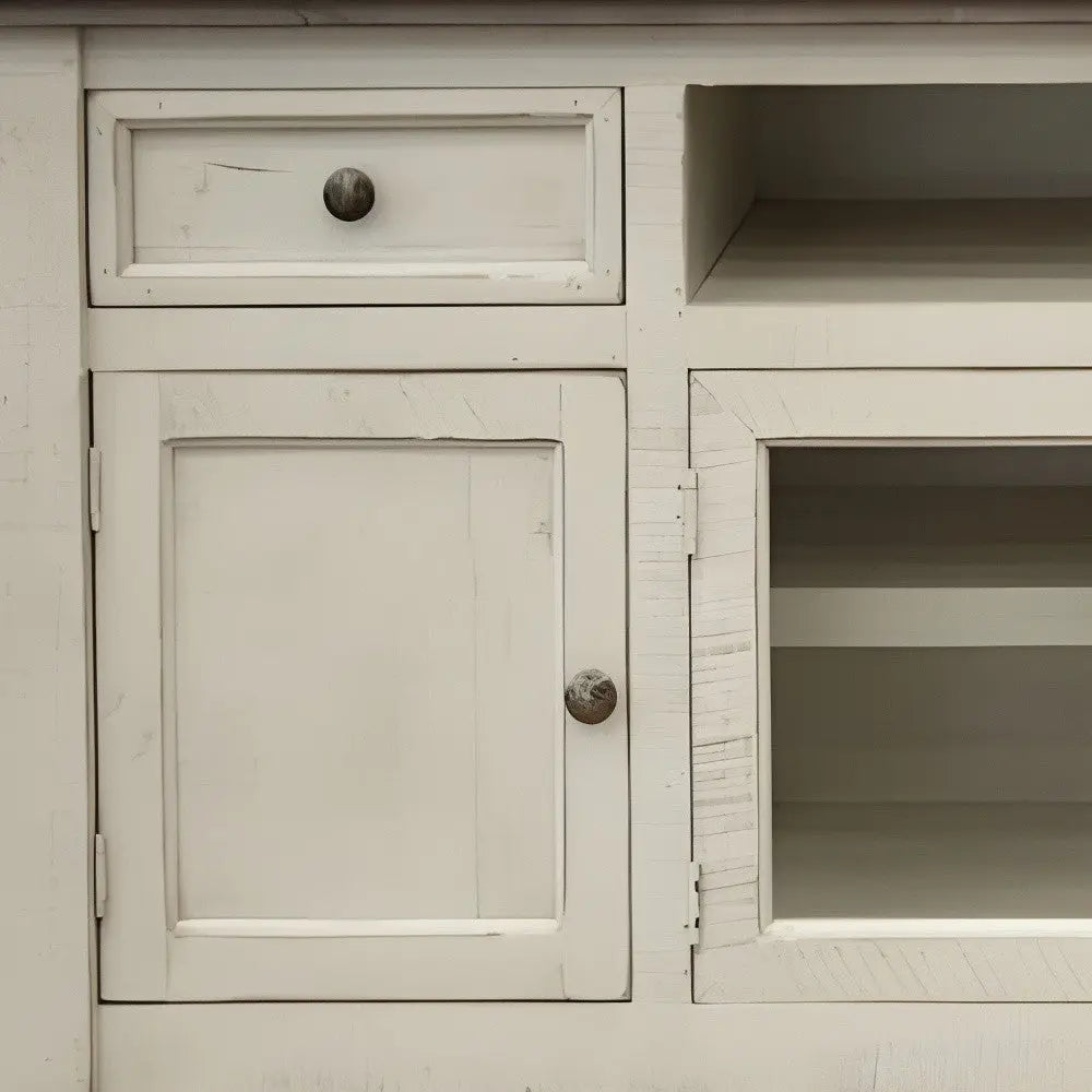 60" Ivory Solid Wood Open shelving Distressed TV Stand Homeroots Living Room