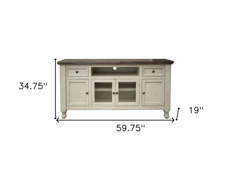 60" Ivory Solid Wood Open shelving Distressed TV Stand Homeroots Living Room