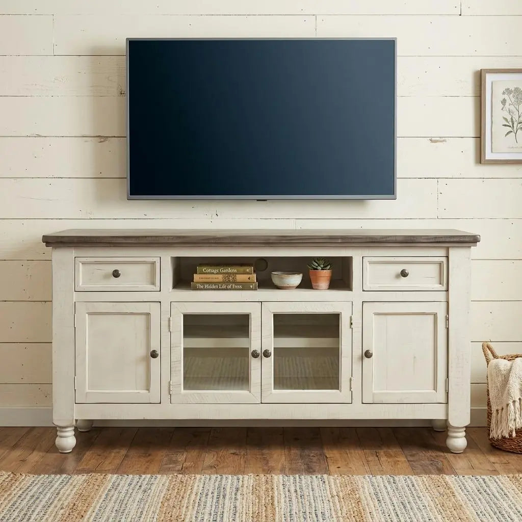60" Ivory Solid Wood Open shelving Distressed TV Stand Homeroots Living Room