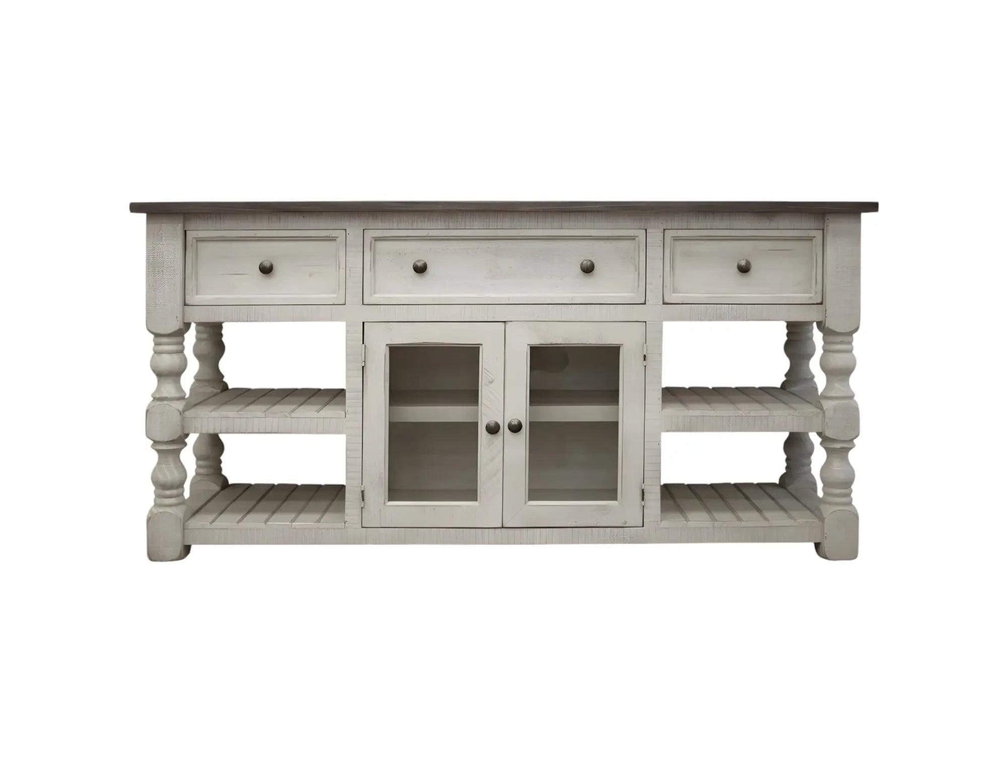 60" Ivory Solid Wood Open shelving Distressed TV Stand Homeroots Living Room
