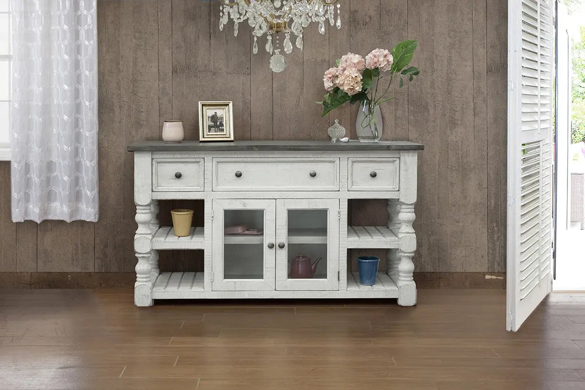 60" Ivory Solid Wood Open shelving Distressed TV Stand Homeroots Living Room