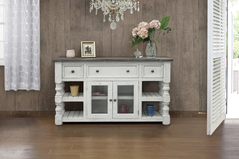 60" Ivory Solid Wood Open shelving Distressed TV Stand Homeroots Living Room