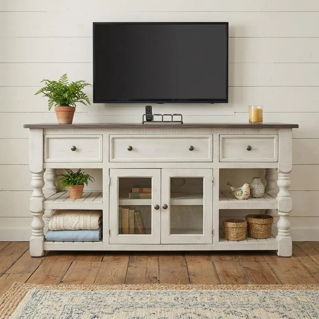 60" Ivory Solid Wood Open shelving Distressed TV Stand Homeroots Living Room