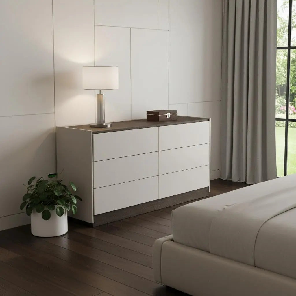 60" Light Gray And Walnut Wood Six Drawer Double Dresser Homeroots Bed & Bath