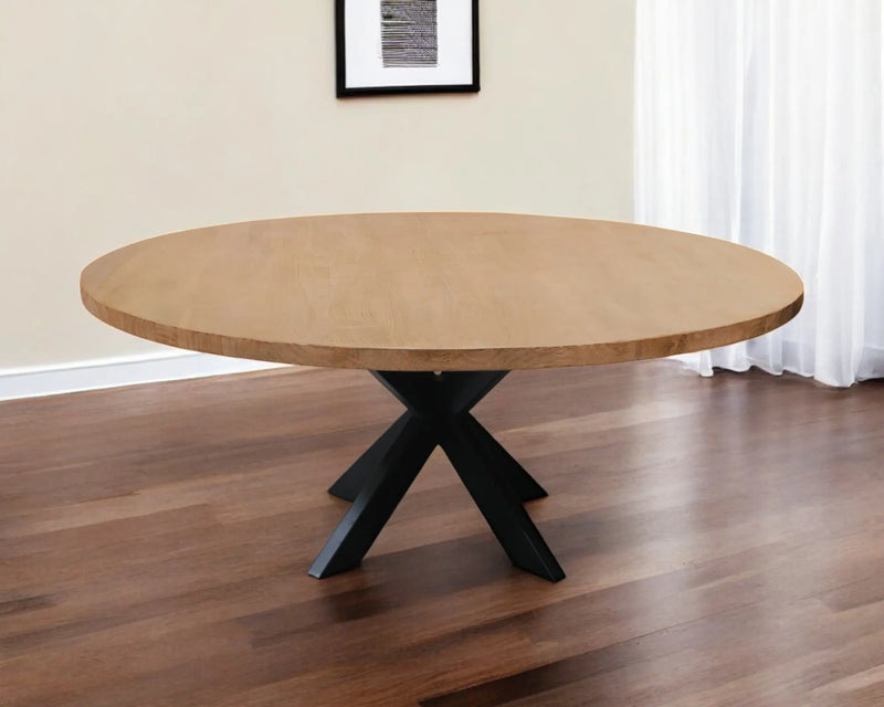 60" Natural And Black Rounded Solid Wood And Iron Pedestal Base Dining Table - GreatEagleInc