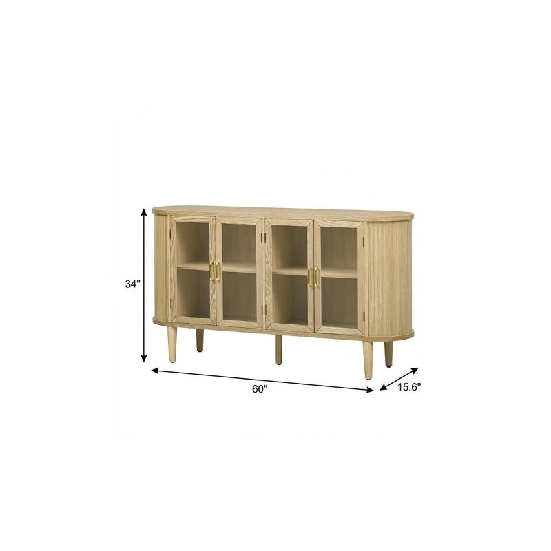 60" Natural Wood Buffet Table With Four Glass Doors Homeroots Kitchen & Dining
