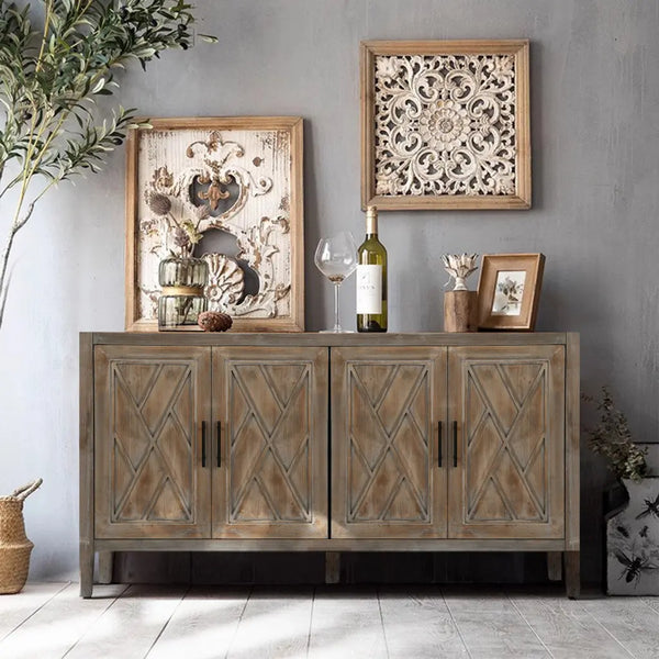 60" Natural and Brown Distressed Carved Geometric Sideboard with Four Doors Homeroots Kitchen & Dining