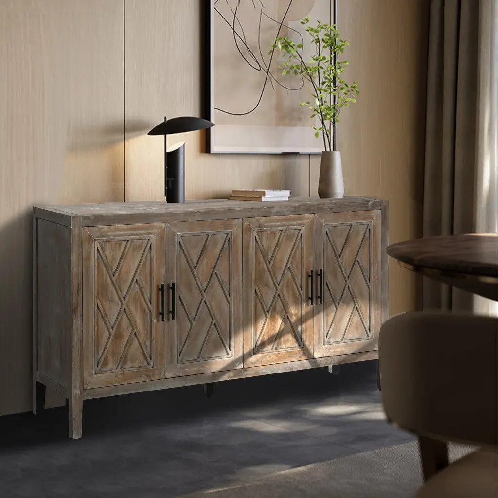 60" Natural and Brown Distressed Carved Geometric Sideboard with Four Doors Homeroots Kitchen & Dining