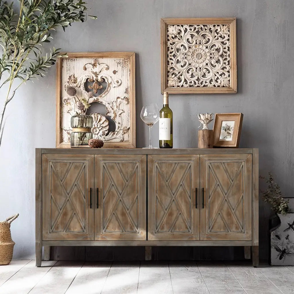 60" Natural and Brown Distressed Carved Geometric Sideboard with Four Doors Homeroots Kitchen & Dining