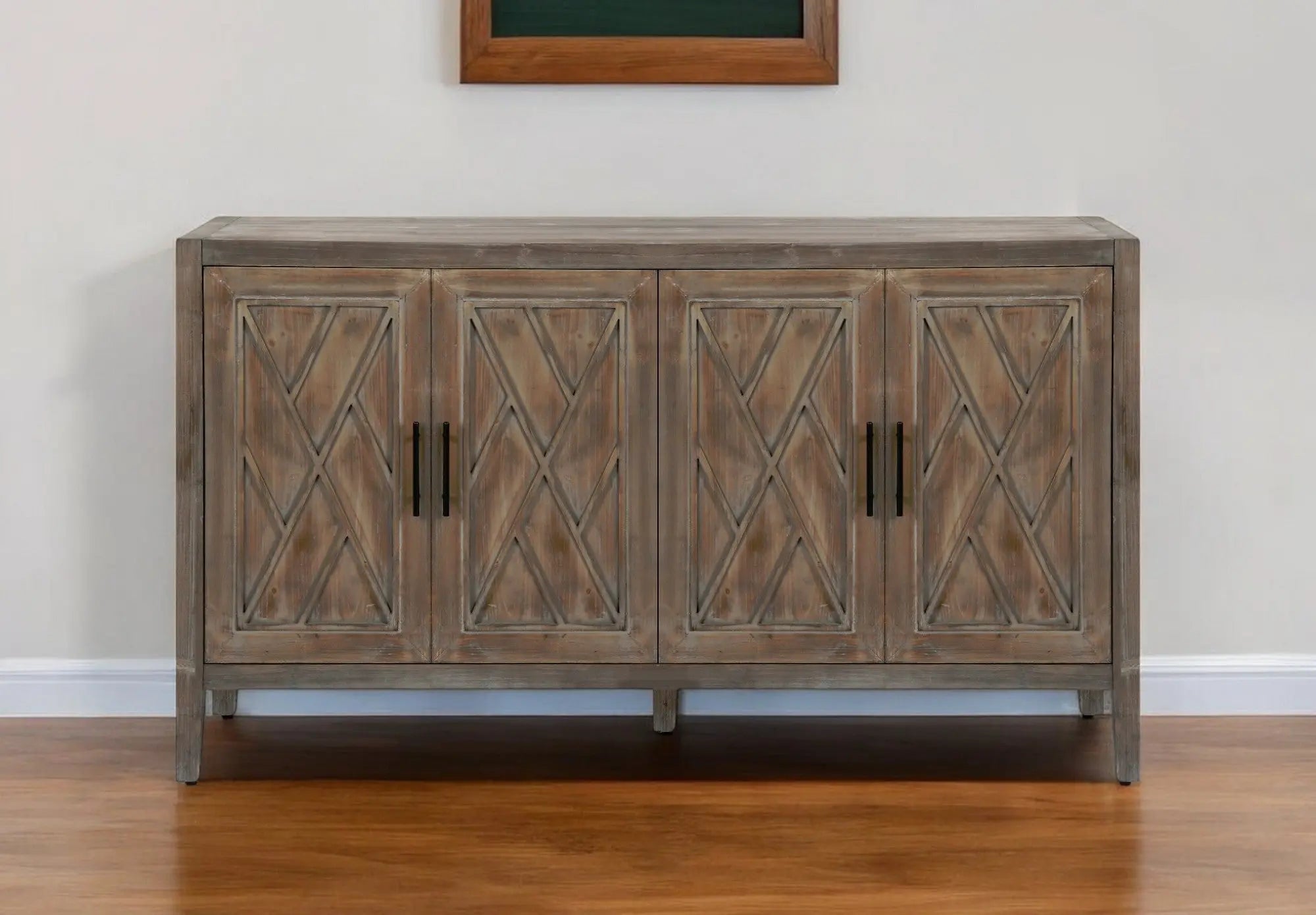 60" Natural and Brown Distressed Carved Geometric Sideboard with Four Doors Homeroots Kitchen & Dining