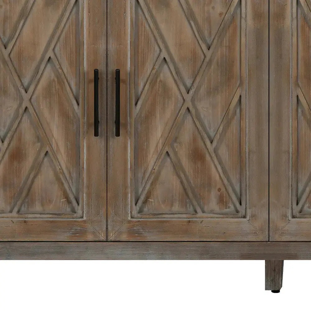 60" Natural and Brown Distressed Carved Geometric Sideboard with Four Doors Homeroots Kitchen & Dining