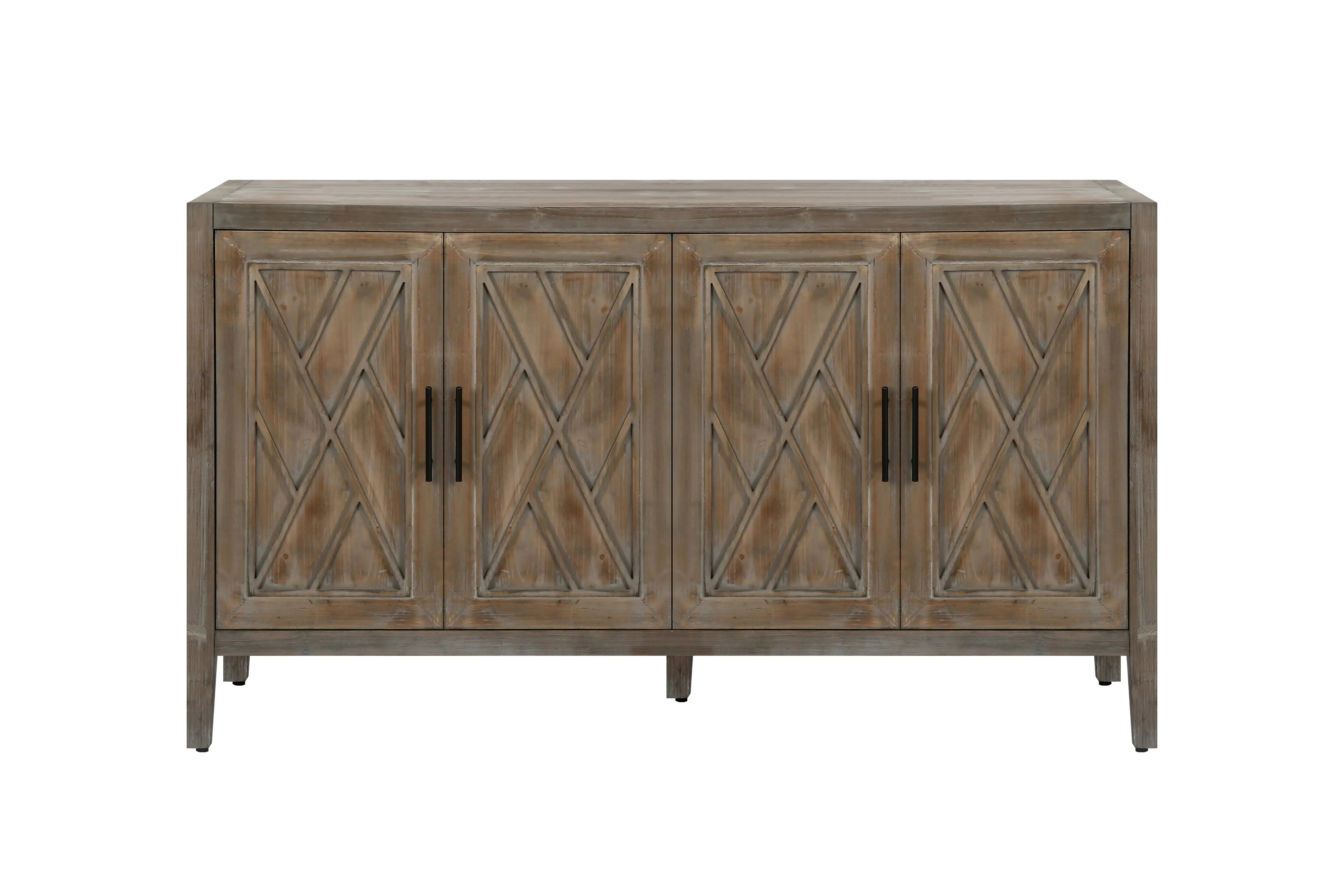 60" Natural and Brown Distressed Carved Geometric Sideboard with Four Doors Homeroots Kitchen & Dining